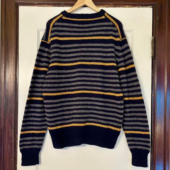 Vintage Carl Michaels 100% Wool Navy Blue Gray & Yellow Crewneck Sweater- Large - Picture 5 of 6